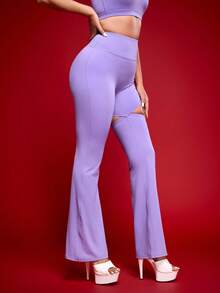 Menodora SHEIN Sport Menodora SHEIN Sport Women's Solid Color Elastic High Waist Drawstring Detail Flare Sports Pants - Purple - View 4