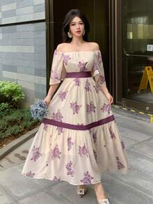 DAZY 女士优雅撞色蕾丝花卉中长连衣裙，夏季度假连衣裙 - 紫色 - 查看 8