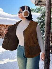 SHEIN EZwear 大码棕色前开襟纽扣口袋休闲无袖外套，秋冬款 - 棕色 - 查看 6