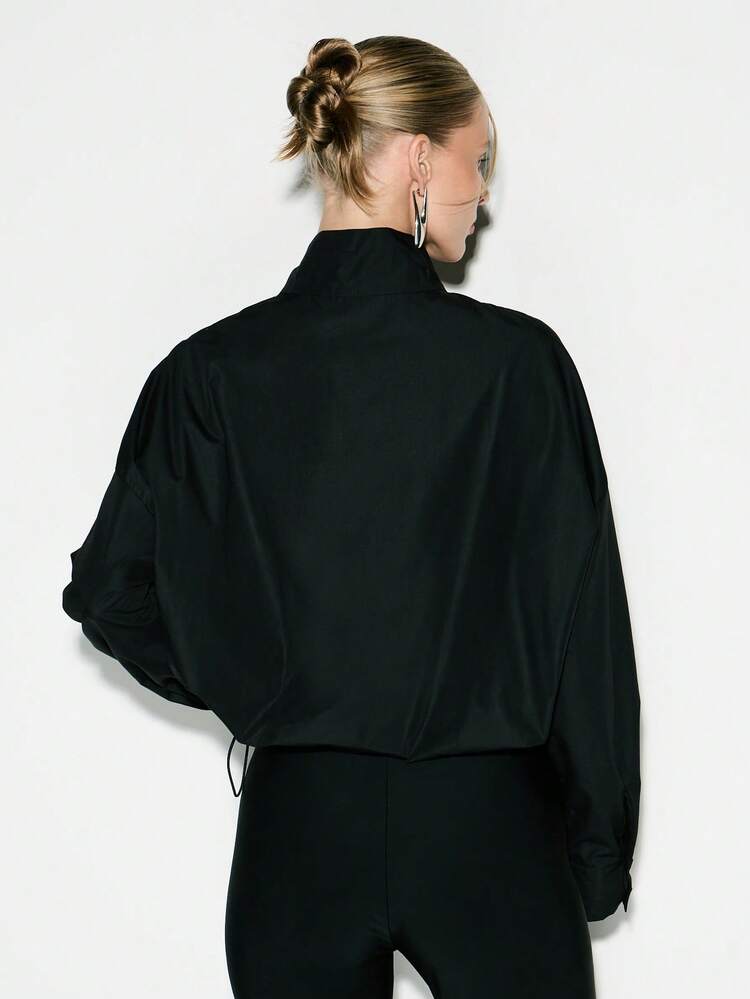 KIZN Funnel Neck Button Front Blouse With Drawstring