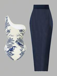 Swim Oasis 2026新款春假两件套，椰树印花泳衣搭配同款沙滩网纱裙，度假波西米亚风节日装扮