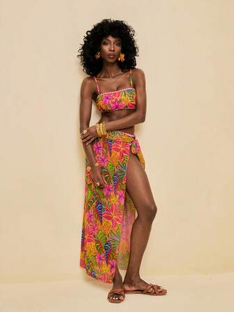 SHEIN Veneréa Women's Tropical Floral Print Embroidered Sexy Bandeau Bikini 3 Pieces Set, Beach Vacation