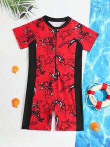Tween Boy Cartoon Print Zip-Up One-Piece Swimsuit & Shorts Junior Surf Swimwear Boys Rash Guard Set Kids Red Swimsuit Size 5 Boys Red Swim Sets Red Boys Swim Sets - Multicolor - View 4