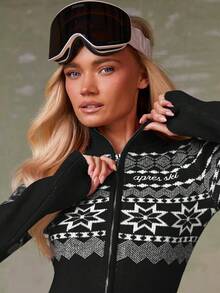 Athîral Women's Casual Geometric Pattern Zip-Up Fitted Jumpsuit, Autumn/Winter