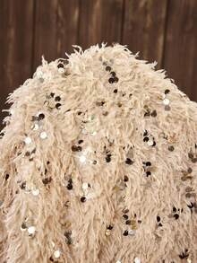 LanaWest Women's Fashionable Party Fuzzy V-Neck Lantern Sleeve Metallic Sequin T-Shirt, Autumn/Winter - Apricot - View 7