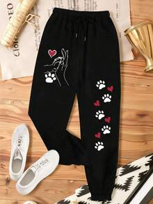 DrmWander Plus Size Women Heart Print Drawstring Waist Jogger Casual Sweatpants Graduation,Back To School Outfits,Graduation,Teacher Outfits For Women,Back To School Fall Cloth For Women - Black - View 1