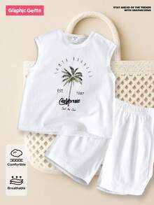 SHEIN Vintaside Kids Young Boy Casual Round Neck Short Sleeve Top And Shorts Set With Plant Print, Summer Summer Holiday