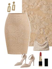 Ellevyn Women's Lace Patchwork Fashionable Versatile Party Mini Skirt - Apricot - View 3