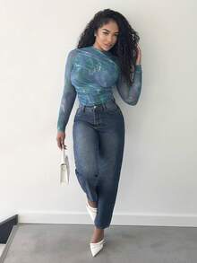 Alexandranx 女士扎染印花长袖褶皱修身时尚T恤 - 綠色 - 查看 3