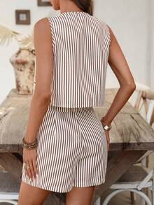 SHEIN LUNE Women's Striped V-Neck Sleeveless Faux Pocket Vest + Suit Pocket Shorts 2-Piece Set, Spring/Summer - Brown - View 2