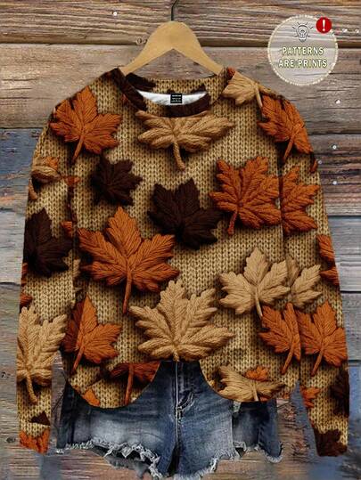 EMERY ROSE 秋季大码女式休闲枫叶印花运动衫