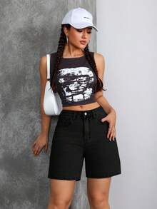 SHEIN Tall Shorts vaqueros de tiro medio casual lavados para mujer estilo Y2K - Negro - Ver 6