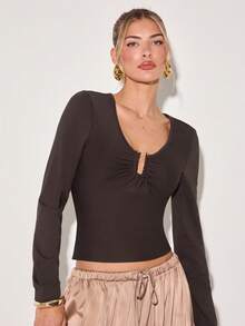 COSMINA Women's Elegant Deep V-Neck Long Sleeve Ruched Fitted Top,Dark Brown,Autumn,Seksi Chic,Night Out,Versatile Commuting Office Wear All Season Body Tops - Brown - View 4