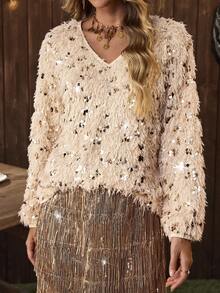 LanaWest Women's Fashionable Party Fuzzy V-Neck Lantern Sleeve Metallic Sequin T-Shirt, Autumn/Winter - Apricot - View 4