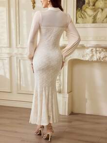 Vintamour Váy nữ cổ điển thanh lịch, mùa thu/đông, dáng ôm, kiểu dáng Trung Hoa mới, cổ áo cài nút, váy ôm sát tay dài màu mơ - Màu be - Xem 2