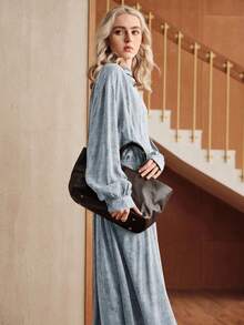 Uhlyne Uhlyne Váy xòe tay dài cổ cao, viền bất đối xứng, màu nâu, phong cách tối giản, thường ngày, đi làm, đi chơi, trở lại trường cho nữ mùa thu - Màu xanh bụi bặm - Xem 5