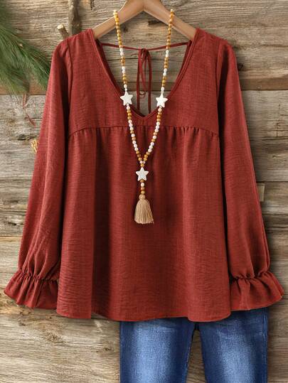 EMERY ROSE Plus Size Women V-Neck Back Tie Full Print Long Sleeve Autumn Blouse