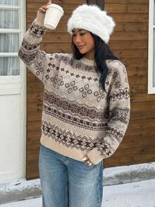 Muchica 休闲简约风浅棕色撞色费尔岛几何雪花提花图案针织毛衣，适合秋冬季穿着。 - 彩色 - 查看 6