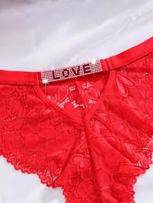 SHEIN Plus Size Rhinestone Letter Lace Panties, Valentine's Day Style - Red - View 6