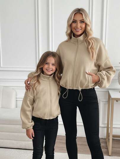 SHEIN Chaqueta de sudadera con cremallera y cuello alto de forro polar cálido de manga larga con cordón para niñas jóvenes, ideal para atuendos casuales de otoño y primavera, color caqui