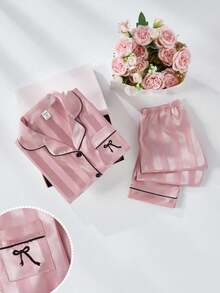 Girls Pajama Set, Minimalist Pink Striped Long Sleeve Cardigan And Long Pants, 2 Pieces Sleepwear - Multicolor - View 10