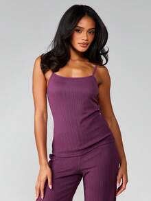 MISSGUIDED Ribbed Camisole Tank Top With Thin Straps For Sleepwear And Loungewear Comfort - Burgundy - View 5