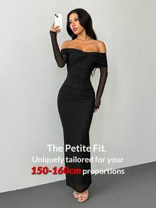 SHEIN PETITE Đầm trễ vai phối lưới xoắn nhún, dáng ôm, tay dài, trang phục hẹn hò lãng mạn, phù hợp với người nhỏ nhắn. - màu đen - Xem 8