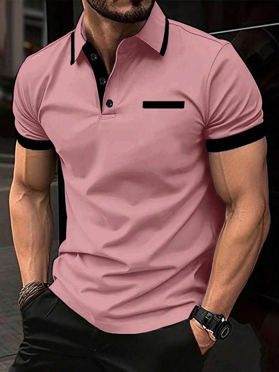 Manfinity Homme 男士撞色饰边半开襟常规版型短袖休闲Polo衫 - 藕粉色 - 查看 1