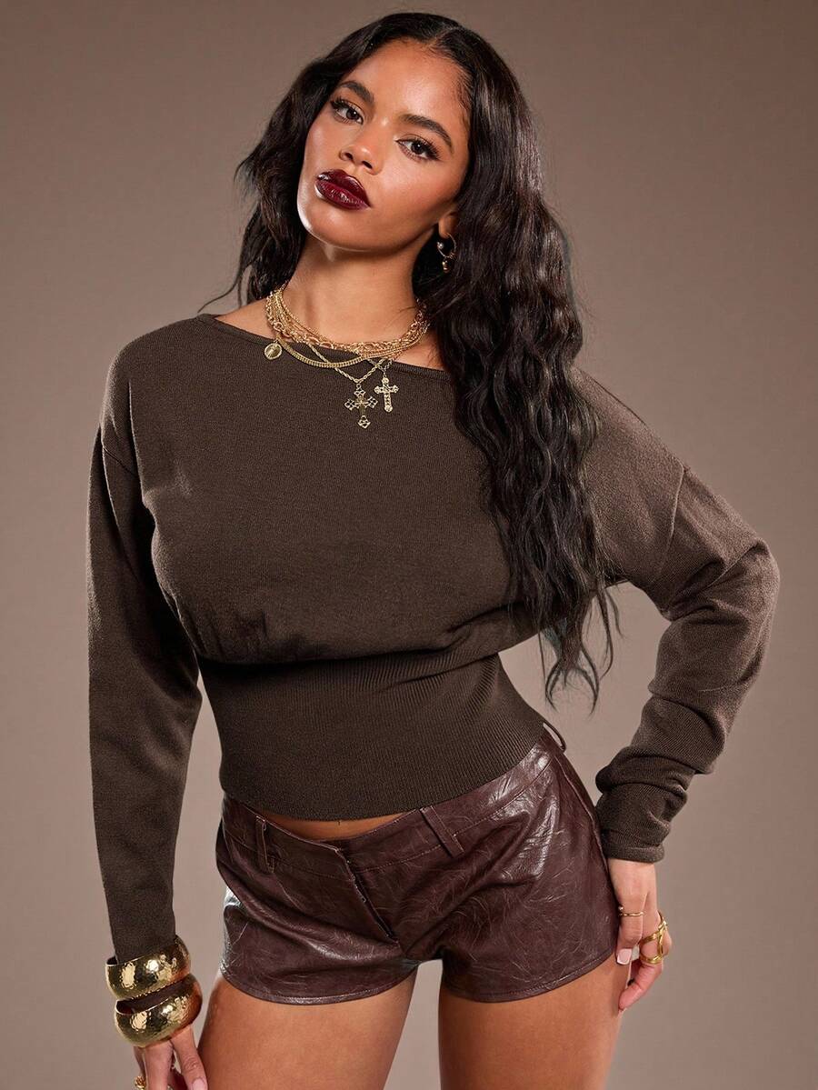 Normani Women's Autumn/Winter Exposed Shoulder Asymmetrical Shoulder Ribbed Tight Fit Brown Sweater - Brown - View 1