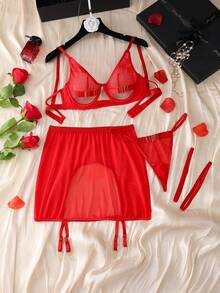 Hollow-Out Mesh Comfortable Decorated Button Sheer Lingerie Set: Bra + Mini Skirt + Thong + Garter Belt, Sexy Women Underwear Set - Red - View 4