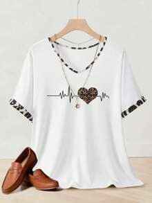 Women's Leopard Print Heart Pattern V-Neck T-Shirt - Multicolor - View 3