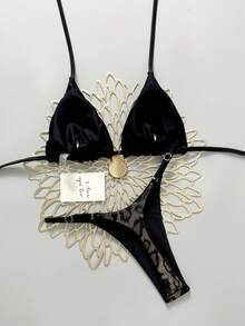 Swim SXY 两件套豹纹面料挂脖三角文胸褶皱比基尼泳衣套装，性感女士泳装，适合春夏度假 - 彩色 - 查看 2