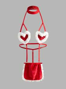 3 件套圣诞老人兔女郎内衣套装，包括带心形罩杯的泰迪熊、吊袜带、颈链和头饰，女士性感服装 - 紅色 - 查看 1