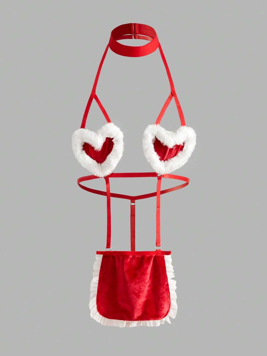 3 件套圣诞老人兔女郎内衣套装，包括带心形罩杯的泰迪熊、吊袜带、颈链和头饰，女士性感服装 - 紅色 - 查看 1