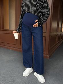 SHEIN Maternity High Waist Casual Versatile Wide Leg Jeans Blue Comfortable Maternity Dark Blue Denim Jeans Elastic High Waist Loose Fit Wide Leg Trousers For Pregnant Women Winter Spring Christmas New Year Thanksgiving Commuting Vacation Graduation Chic Y2k Cute Streetwear Party Wedding Elegant Business Casual Woman High Waist Wide Leg Pants Commuting & Versatile Elegant & Simple - Blue - View 1