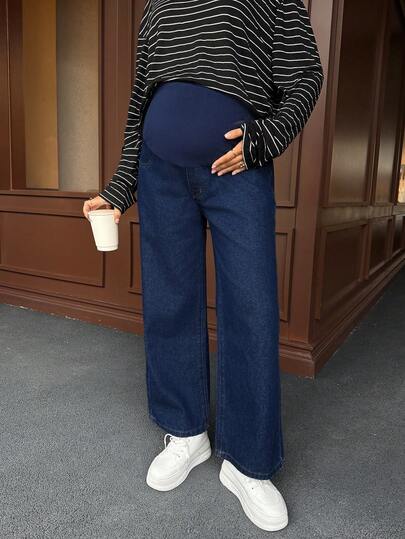 SHEIN 孕妇高腰休闲百搭阔腿牛仔裤，蓝色舒适孕妇深蓝色牛仔裤，弹力高腰宽松阔腿裤，适合孕妇冬季、春季、圣诞节、新年、感恩节、通勤、度假、毕业典礼、时尚Y2K可爱街头风派对、婚礼、优雅商务休闲女式高腰阔腿裤，通勤百搭，优雅简约