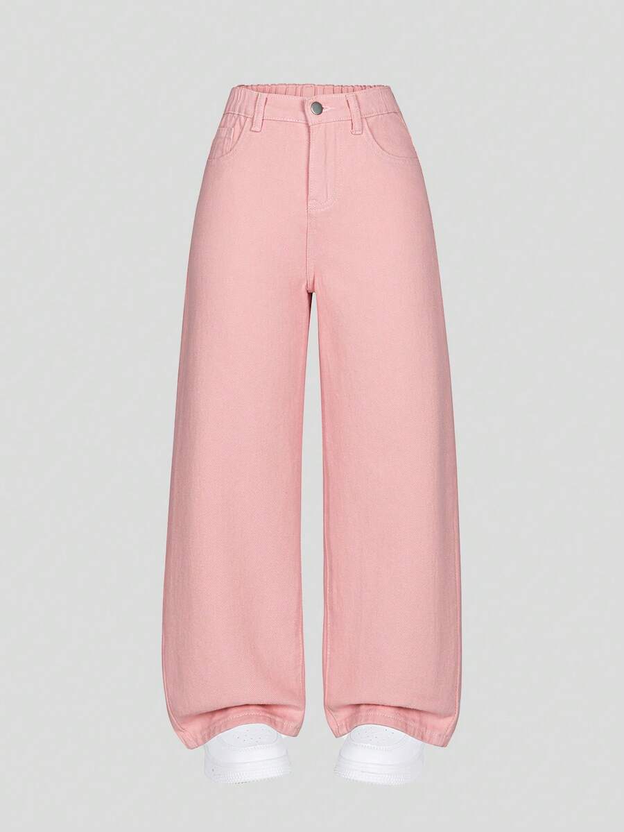 SHEIN Denimly 女童休闲简约学院风牛仔裤,松紧腰,拉链闭合,水洗牛仔七分裤 - 粉色 - 查看 1