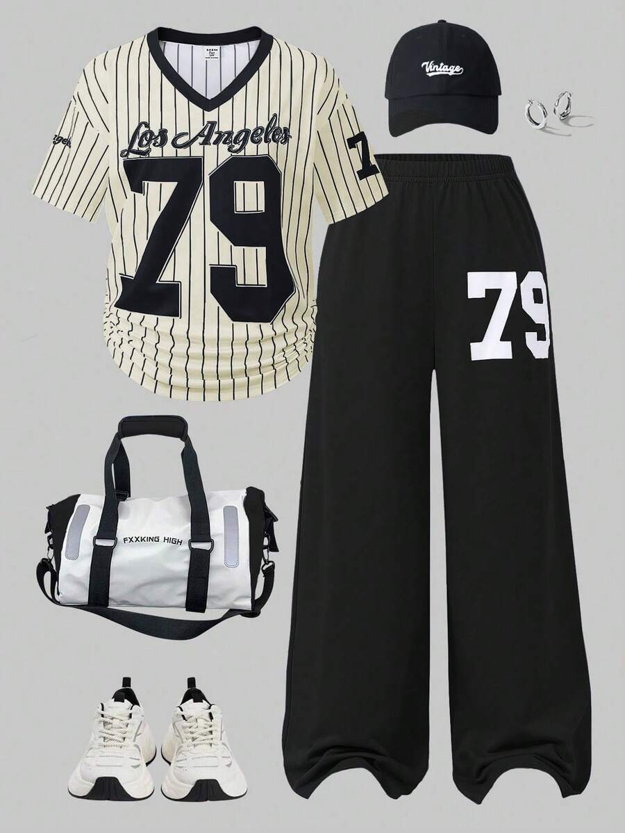 SHEIN ChillGRL 2pcs/Set Casual & Fashionable Teen GirlNumber Graphic V-Neck Short Sleeve Top And Wide Leg Sweatpants Set - Multicolor - View 1