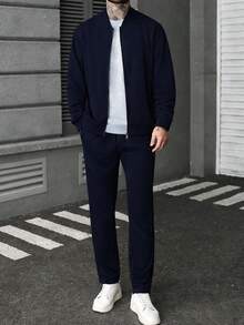 Manfinity CasualCool 男士纯色拉链外套和裤子休闲套装
