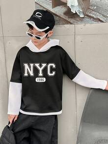 SHEIN 男童休闲运动宽松韩版撞色字母印花套头卫衣，适合通勤、上学、日常休闲、运动、秋冬季节穿着，童装，男童服装，校服 - 黑色 - 查看 5