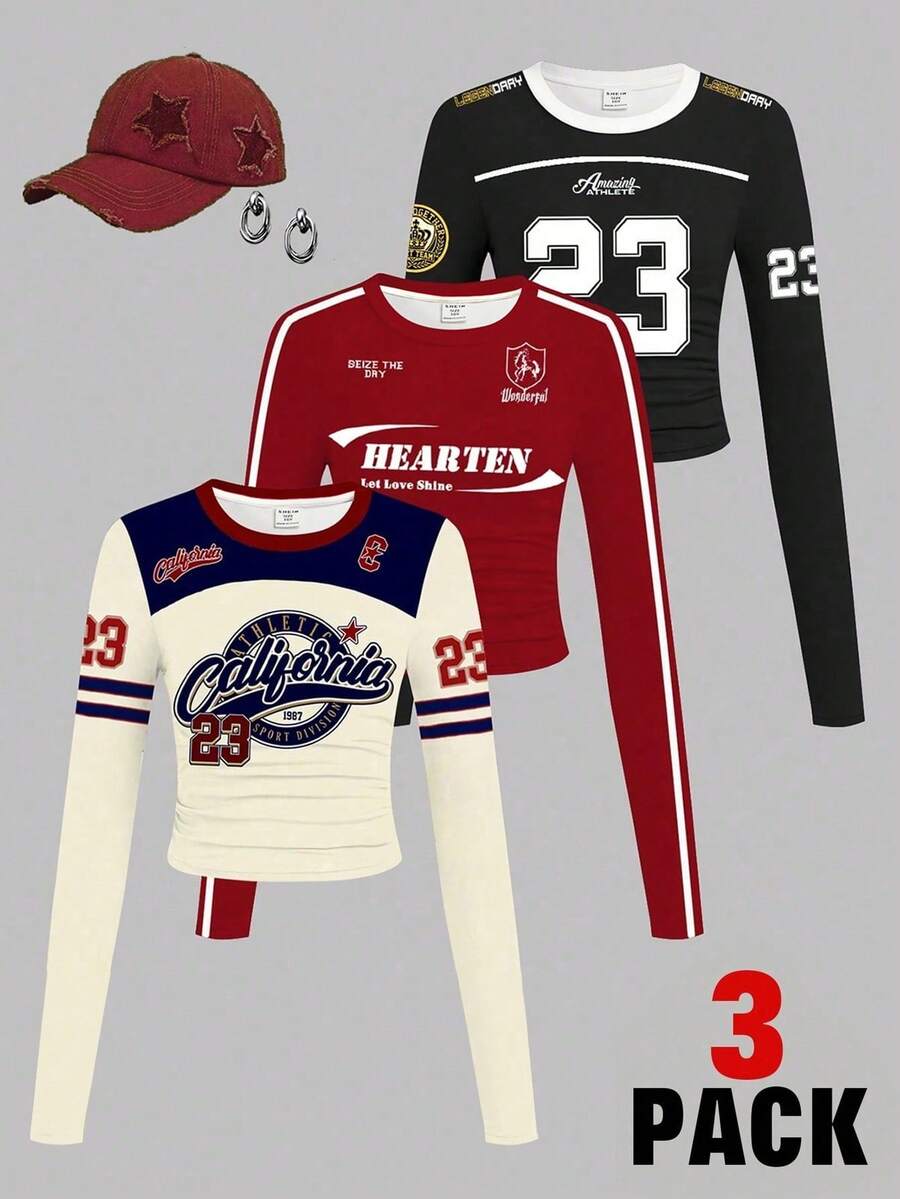 SHEIN Leap Crew 3件套少女修身休闲复古字母数字徽章图案T恤,时尚运动衫款式,米色/海军蓝、酒红色、黑色,买一送二,圆领长袖露脐紧身T恤学院风套装,适合13岁女孩,长袖3件套 - 彩色 - 查看 1
