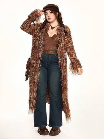 Damen Große Größen Vintage Hippie Stil Fransenbesetzter Lange Strickjacke