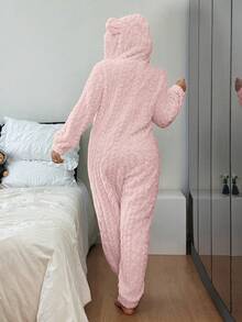 SHEIN 大码毛绒小麦色提花舒适可爱动物连体帽睡衣，蓬松冬季 - 粉色 - 查看 6