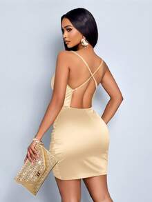 SOLERSUN Elegant Solid Color Draped Collar Backless Ruched Satin Party Bodycon Short Dress - Yellow - View 2