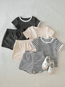 SHEIN Set de 6 piezas de ropa casual para bebé niño con diseño de rayas y estilo minimalista, que incluye camiseta de manga corta y pantalones cortos, adecuado para deportes y juegos al aire libre - Multicolor - Ver 10