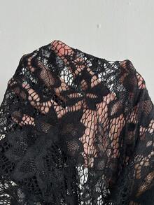 Viva Relle Women's Lace Patchwork Flare Sleeve Sheer Patchwork Long Sleeve Dress, Valentine's Day - Black - View 6