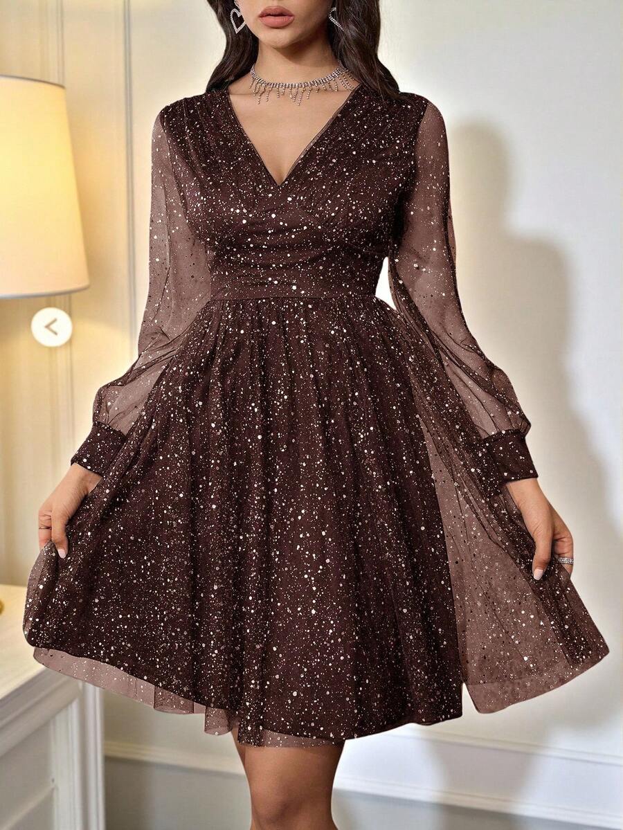 SHEIN Belle 女士V领长袖闪亮优雅奢华舞会礼服 - 棕色 - 查看 1