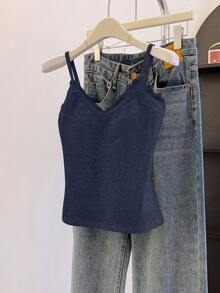 SHEIN Franclia Women's Solid Color Lace Patchwork Elegant Camisole - Navy Blue - View 8