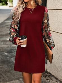 EMERY ROSE 女士碎花图案薄纱长袖圆领连衣裙 - 酒紅色 - 查看 3