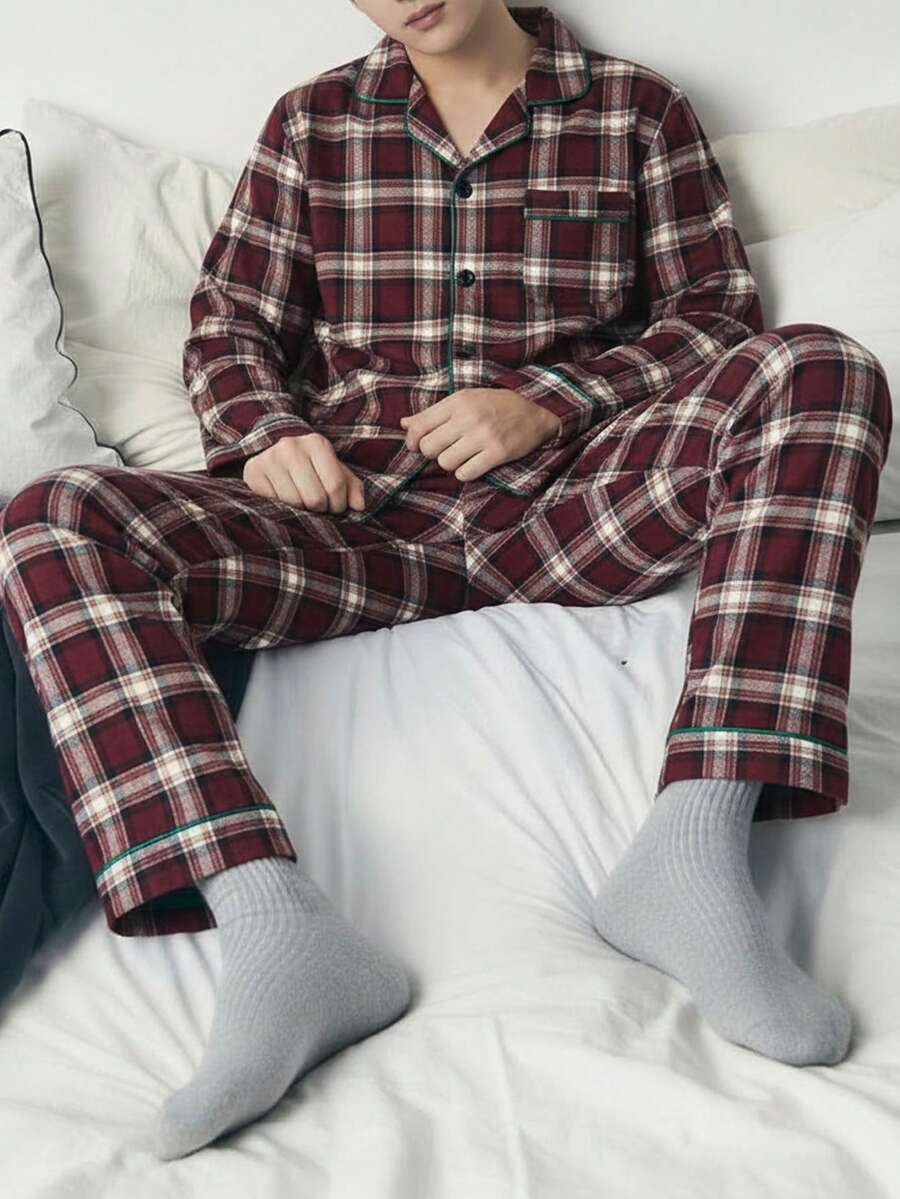 Teenage Boys/Men's Casual Red Plaid Print Fabric Long Sleeve Cardigan And Pants Loungewear Set Boys Plaid Pajamas Teen Boys Pajamas-Pajama Set Crew Neck Or Shirt Collar Long Sleeve Long Pants Plaid Burgundy White Check Four Season 2026 New Year Essential Versatile And Comfortable Warm And Cute Style - Red - View 1